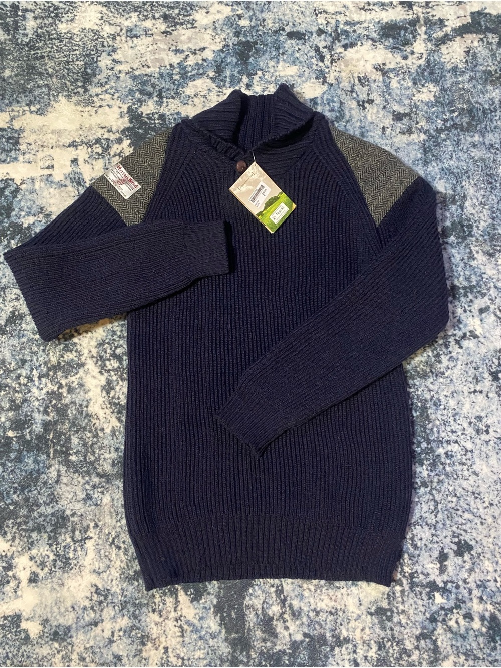 Glencroft Harris Tweed Patch Chunky British Wool Sweater Mens M Blue NWT